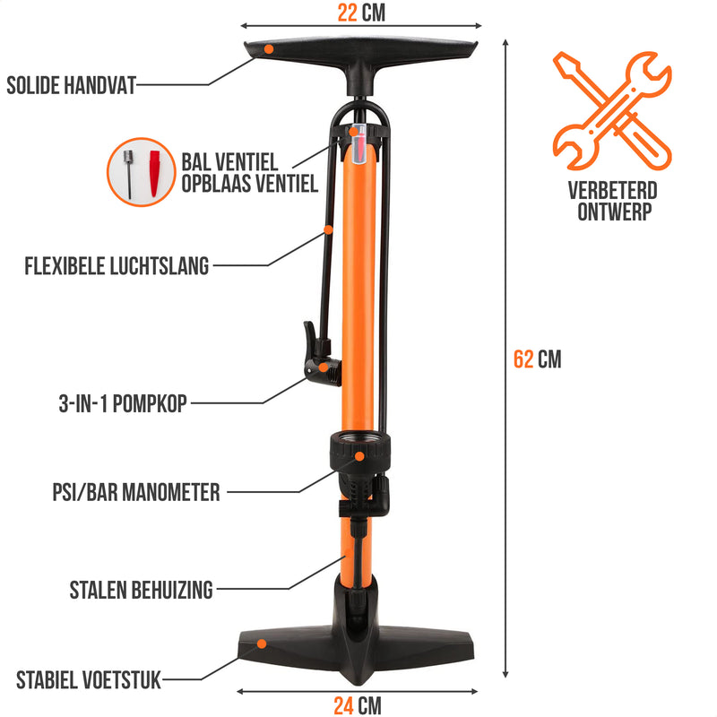 Strex Fietspomp - Drukmeter - 11 Bar – Bal pomp - Oranje