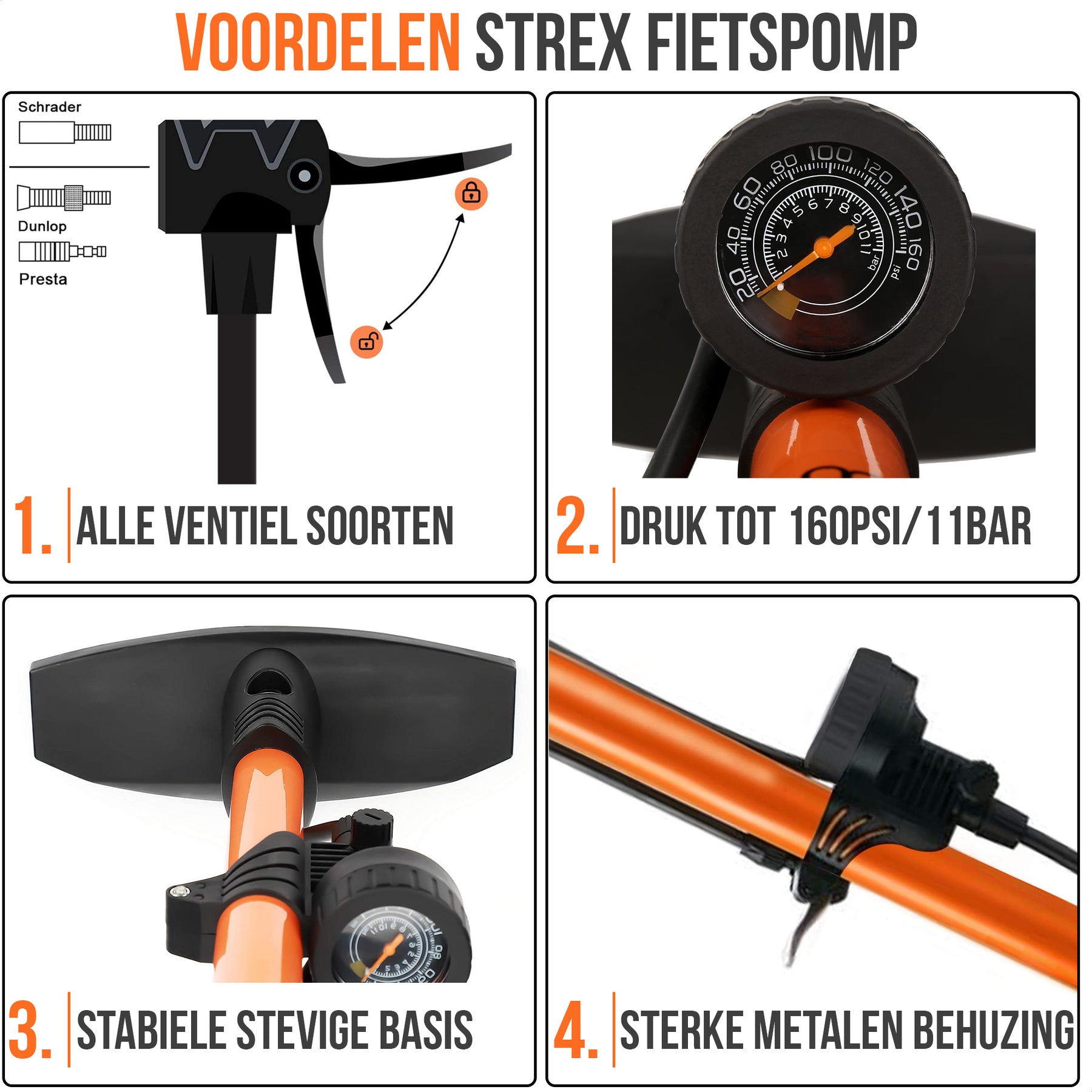 Strex Fietspomp - Drukmeter - 11 Bar – Bal pomp - Oranje