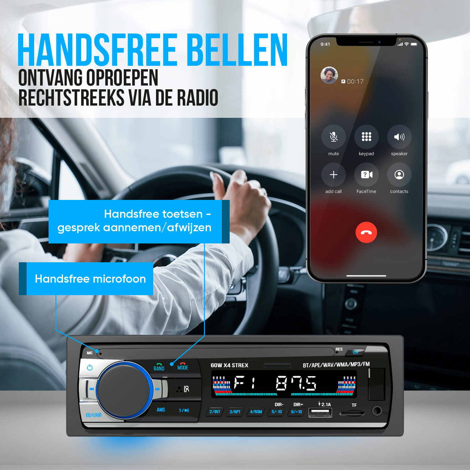 Strex Autoradio met Bluetooth voor alle auto's - USB, AUX en Handsfree - Afstandsbediening - Enkel DIN Auto Radio met Ingebouwde Microfoon