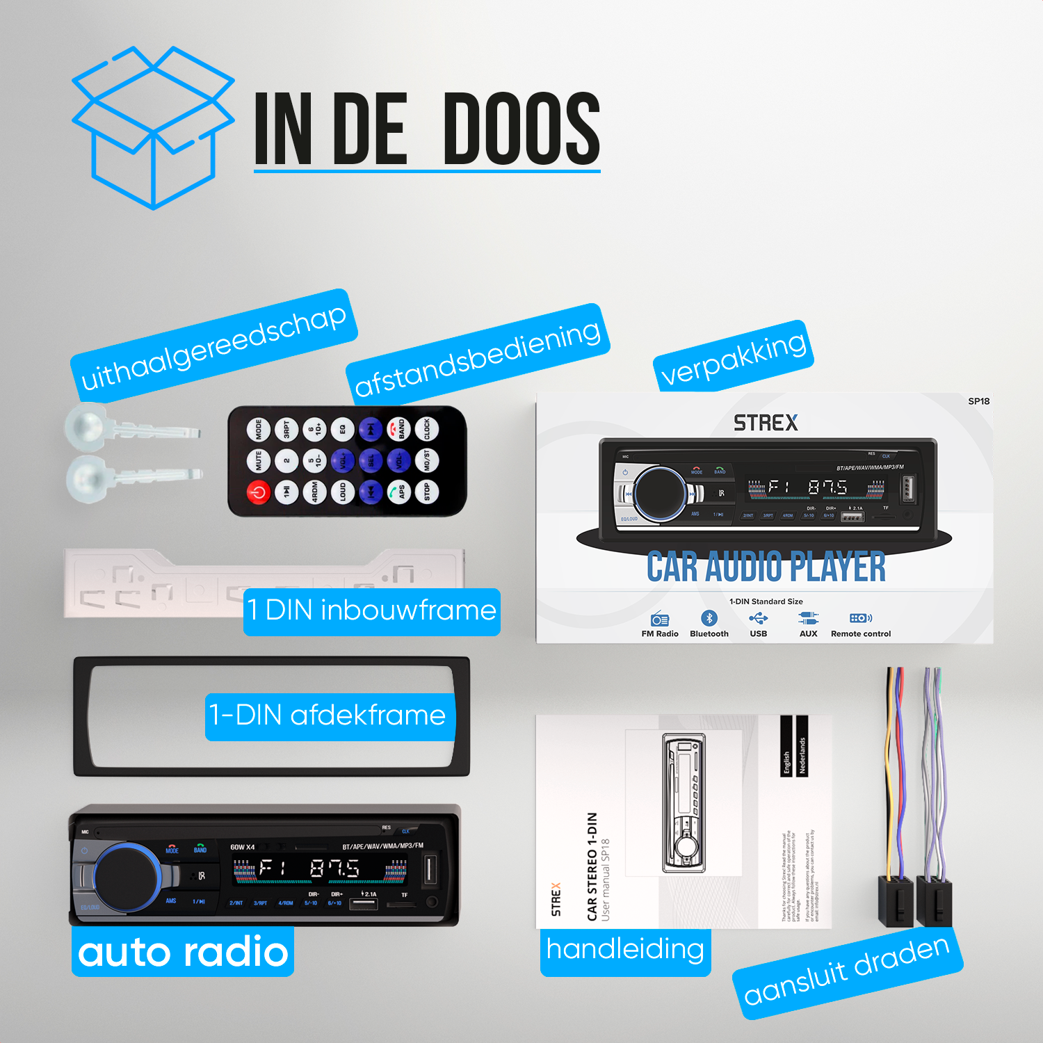 Strex Autoradio met Bluetooth voor alle auto's - USB, AUX en Handsfree - Afstandsbediening - Enkel DIN Auto Radio met Ingebouwde Microfoon