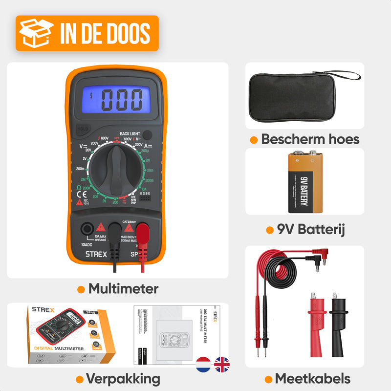 Strex Digitale Multimeter - AC / DC - Incl. 9V Batterij, Klemtangen & Opberghoes - Multi Meter