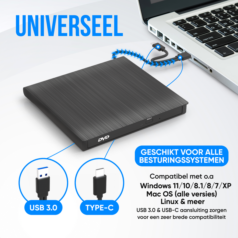 Strex Externe DVD Speler en Brander - CD/DVD - Plug & Play - USB 3.0 DVD Speler - Geschikt voor Windows, Mac en Linux - Optical Drive