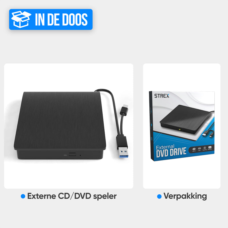 Strex Externe DVD Speler en Brander - CD/DVD - Plug & Play - USB 3.0 DVD Speler - Geschikt voor Windows, Mac en Linux - Optical Drive