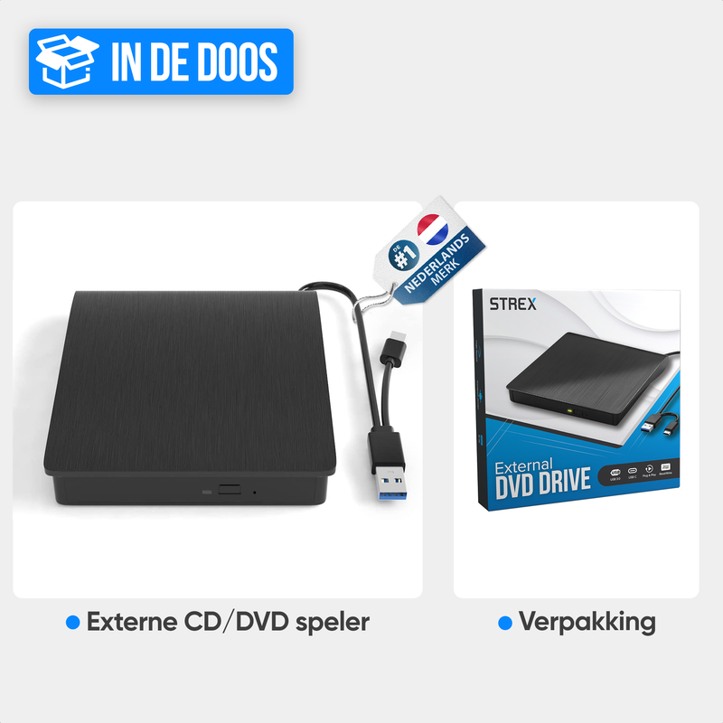 Strex Externe DVD Speler en Brander - CD/DVD - Plug & Play - USB 3.0 DVD Speler - Geschikt voor Windows, Mac en Linux - Optical Drive