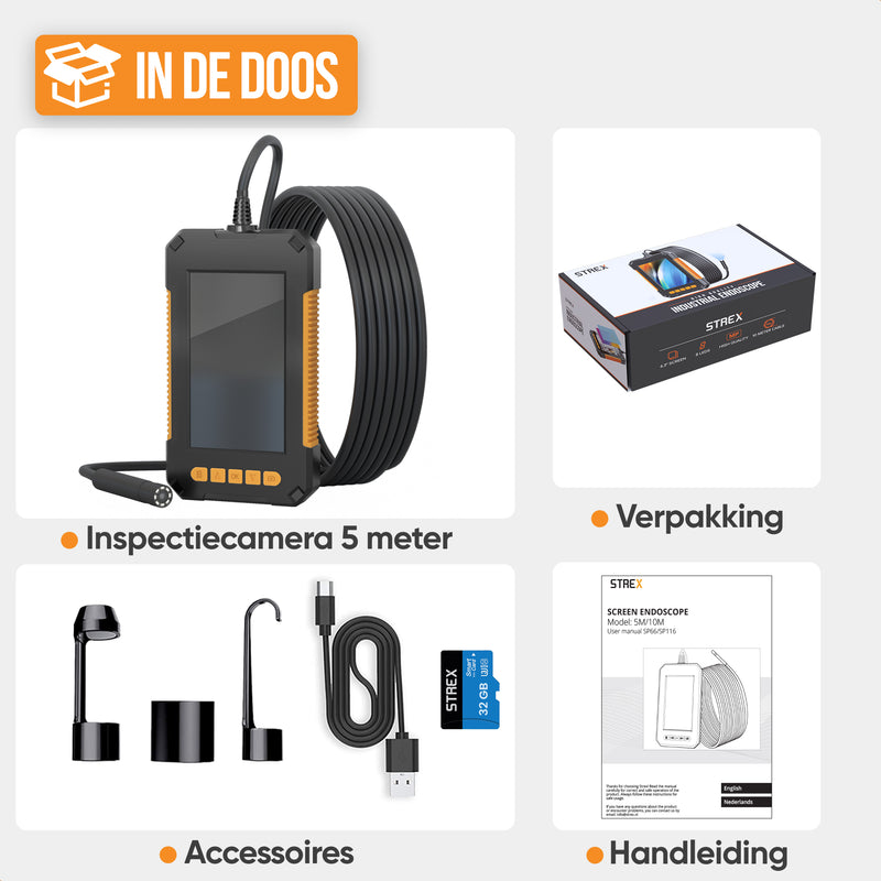 Strex Inspectiecamera met Scherm 5M - 1080P HD - 4.3 inch LCD scherm - IP67 Waterdicht - LED Verlichting - Endoscoop - Inspectie Camera - Incl. 32gb microSD