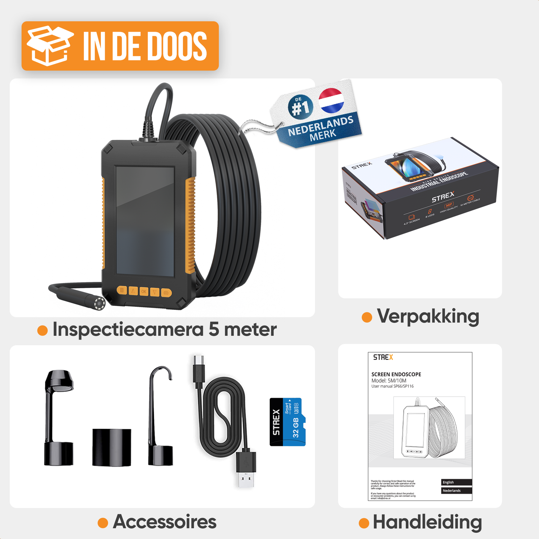 Strex Inspectiecamera met Scherm 5M - 1080P HD - 4.3 inch LCD scherm - IP67 Waterdicht - LED Verlichting - Endoscoop - Inspectie Camera - Incl. 32gb microSD