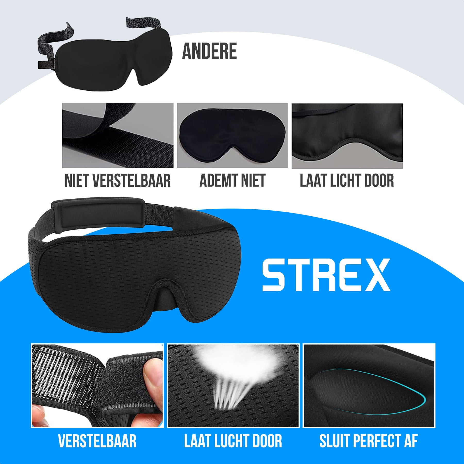 Strex Luxe Slaapmasker - 3D Ergonomisch - 100% Verduisterend - Traagschuim - Slaap Masker - Oog Masker