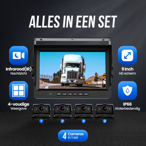 Strex Achteruitrijcamera Set Bedraad Met 4 Camera's (tegelijk bekijken) - 9" Scherm - 18LED Nachtzicht 15m - IP66 Waterdicht - Achteruitrij Camera