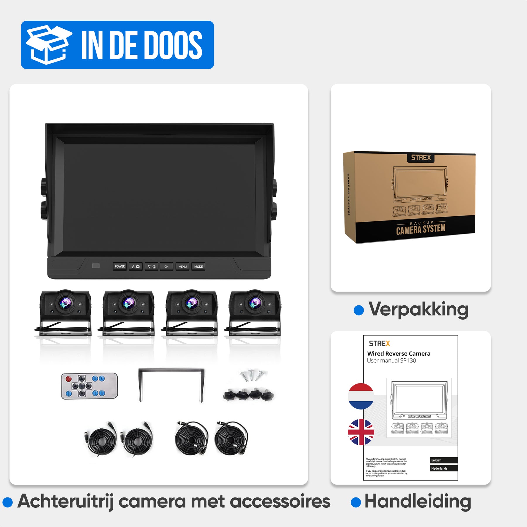 Strex Achteruitrijcamera Set Bedraad Met 4 Camera's (tegelijk bekijken) - 9" Scherm - 18LED Nachtzicht 15m - IP66 Waterdicht - Achteruitrij Camera