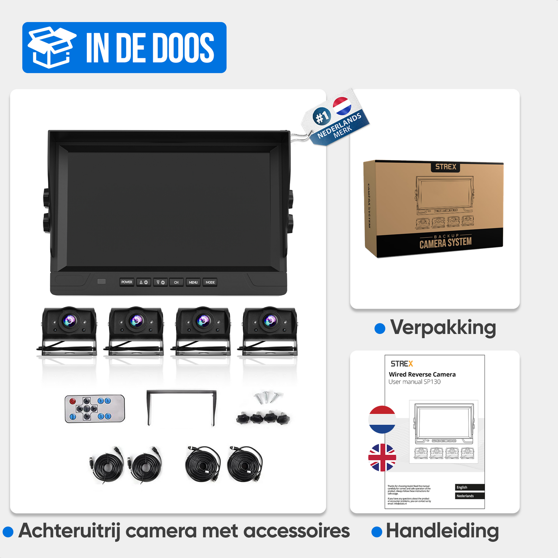 Strex Achteruitrijcamera Set Bedraad Met 4 Camera's (tegelijk bekijken) - 9" Scherm - 18LED Nachtzicht 15m - IP66 Waterdicht - Achteruitrij Camera