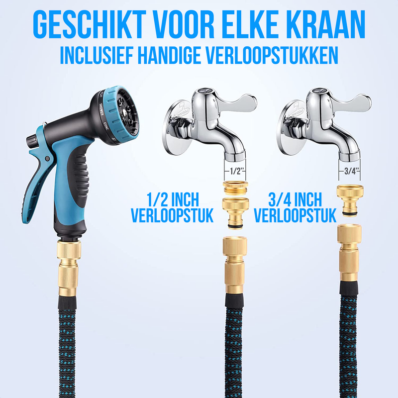 Strex Flexibele Tuinslang 30M met Sproeikop - Uitrekbaar - Incl. Koppelingen, Ophanghaak & Opbergzak