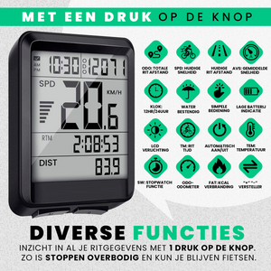Strex Draadloze Fietscomputer - 17 Functies - Extra Groot Scherm - Draadloze Fiets Computer Draadloos Waterdicht - NL Handleiding