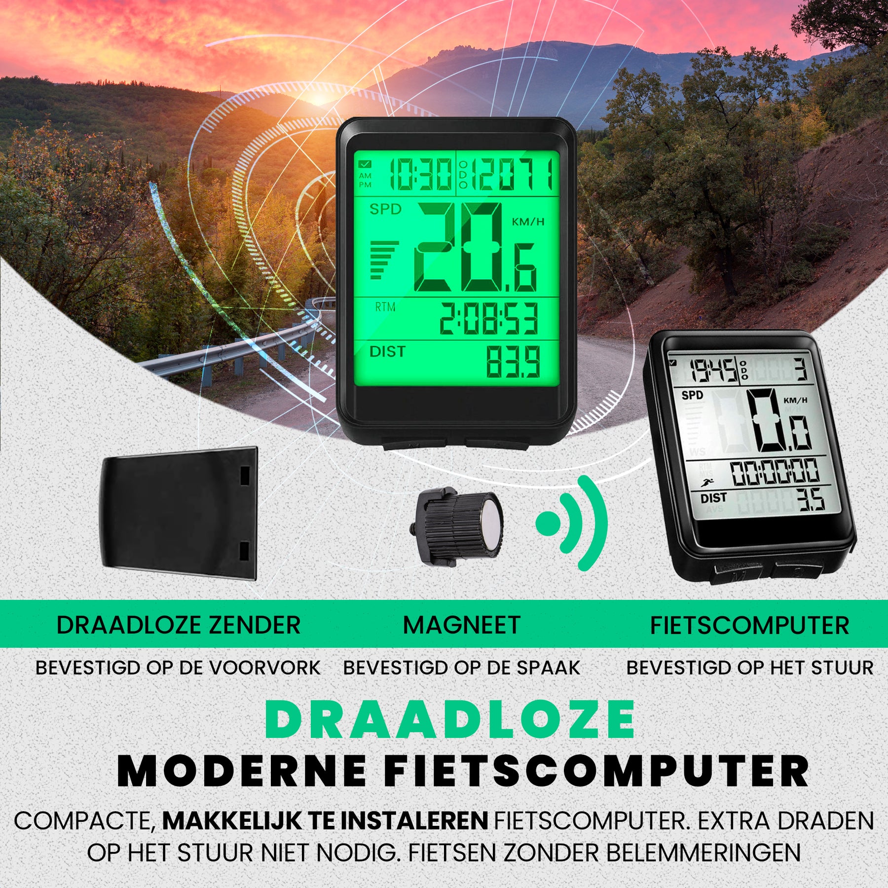 Strex Draadloze Fietscomputer - 17 Functies - Extra Groot Scherm - Draadloze Fiets Computer Draadloos Waterdicht - NL Handleiding