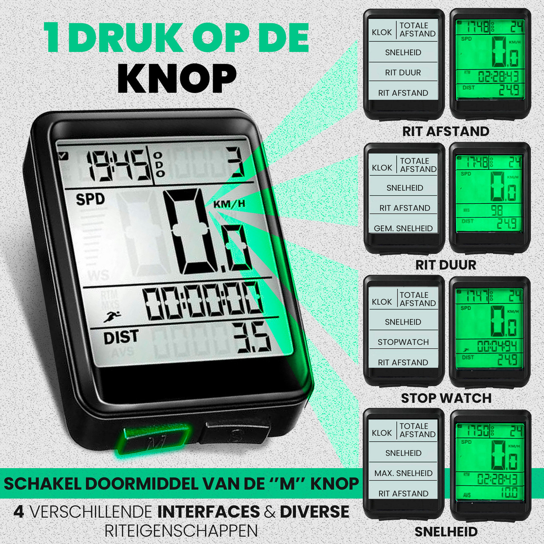 Strex Draadloze Fietscomputer - 17 Functies - Extra Groot Scherm - Draadloze Fiets Computer Draadloos Waterdicht - NL Handleiding