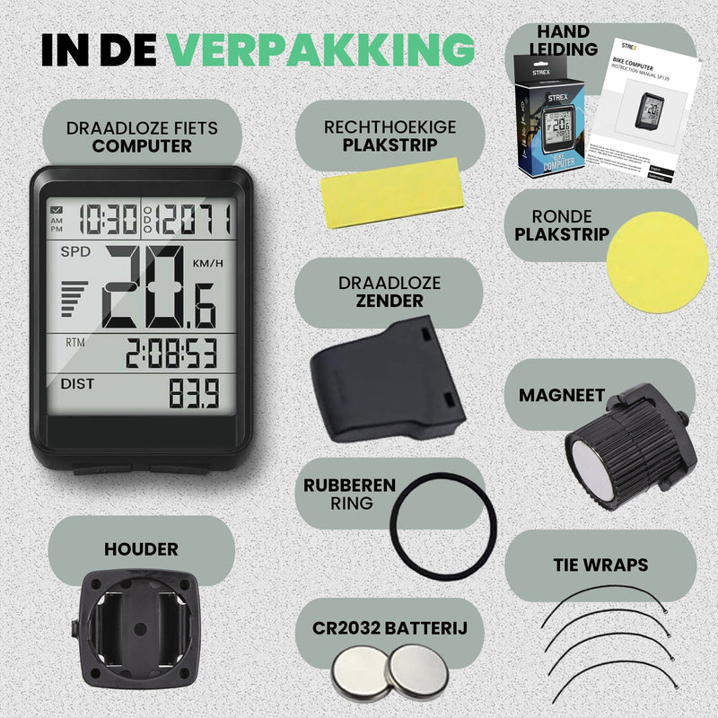 Strex Draadloze Fietscomputer - 17 Functies - Extra Groot Scherm - Draadloze Fiets Computer Draadloos Waterdicht - NL Handleiding