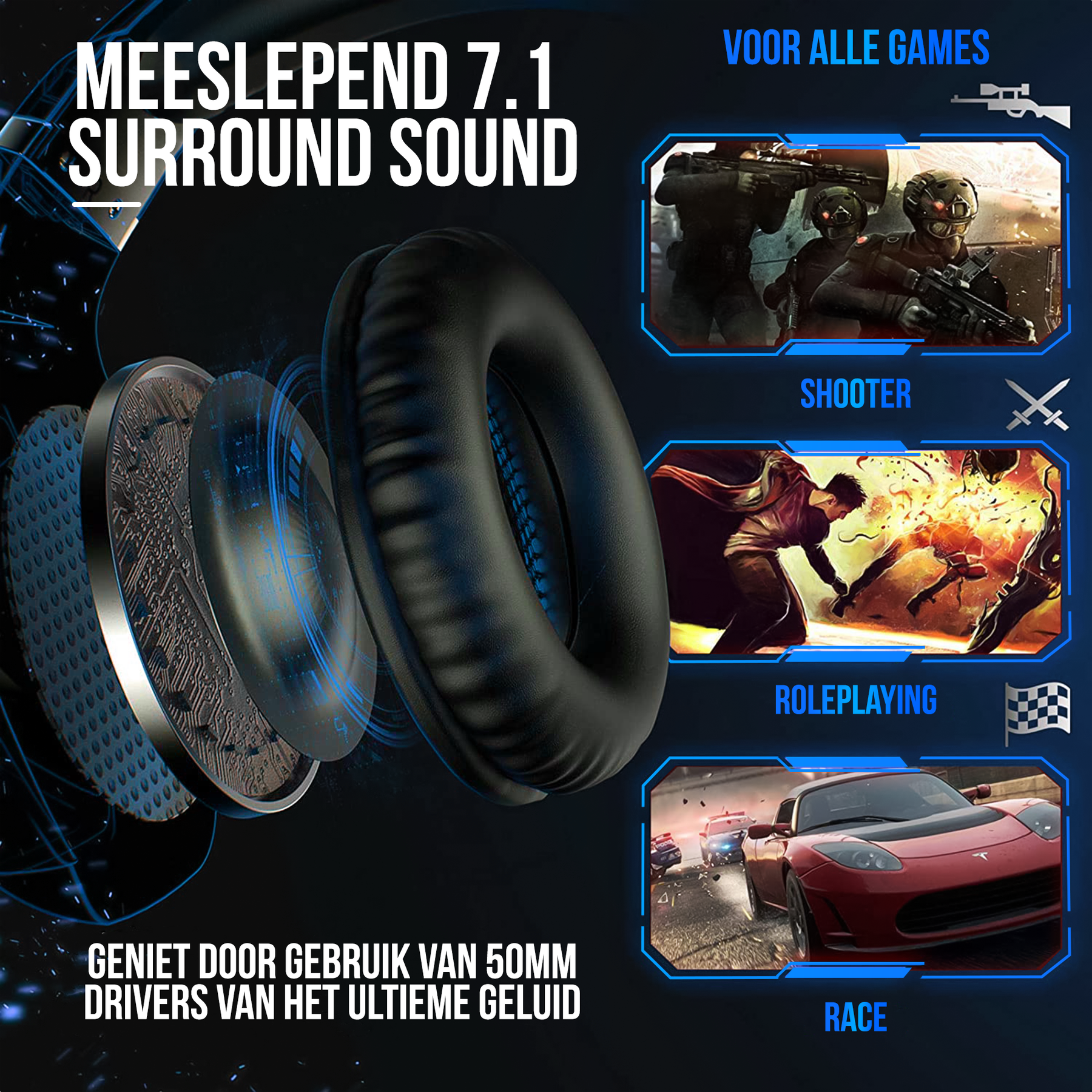 Strex Gaming Headset met Microfoon Blauw - PC + PS4 + PS5 + Xbox One + Xbox Series
