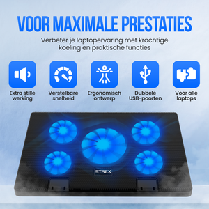Strex Laptop Cooler - 12" - 17 Inch - Verstelbaar - 5 Ventilators - Laptop Koeler - Cooling Pad