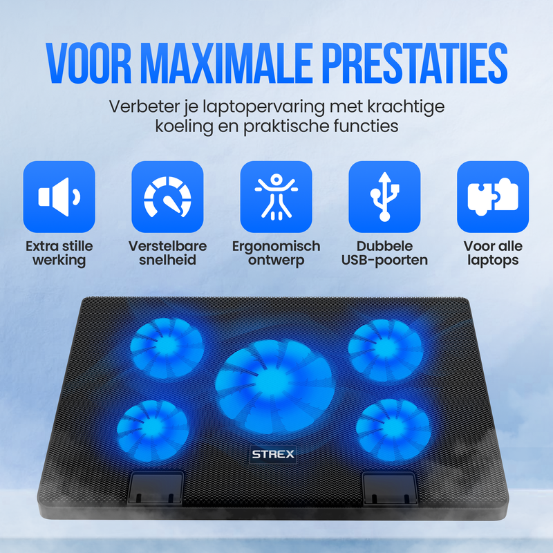 Strex Laptop Cooler - 12" - 17 Inch - Verstelbaar - 5 Ventilators - Laptop Koeler - Cooling Pad