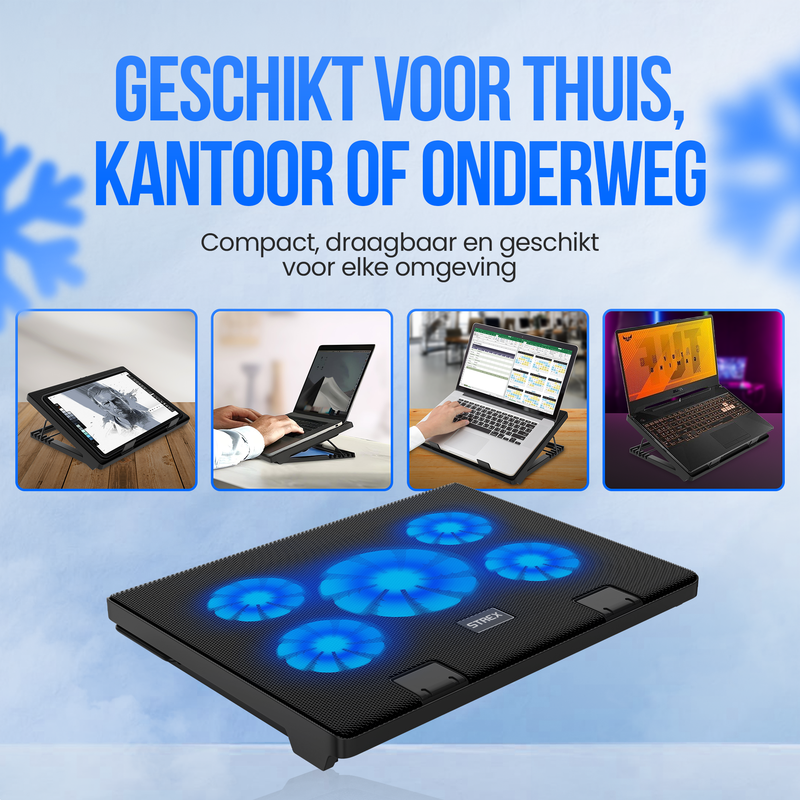 Strex Laptop Cooler - 12" - 17 Inch - Verstelbaar - 5 Ventilators - Laptop Koeler - Cooling Pad