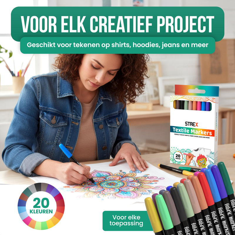 Strex Textielstiften - 20 stuks - Kleding stiften - Textielmarkers - Textiel Stiften