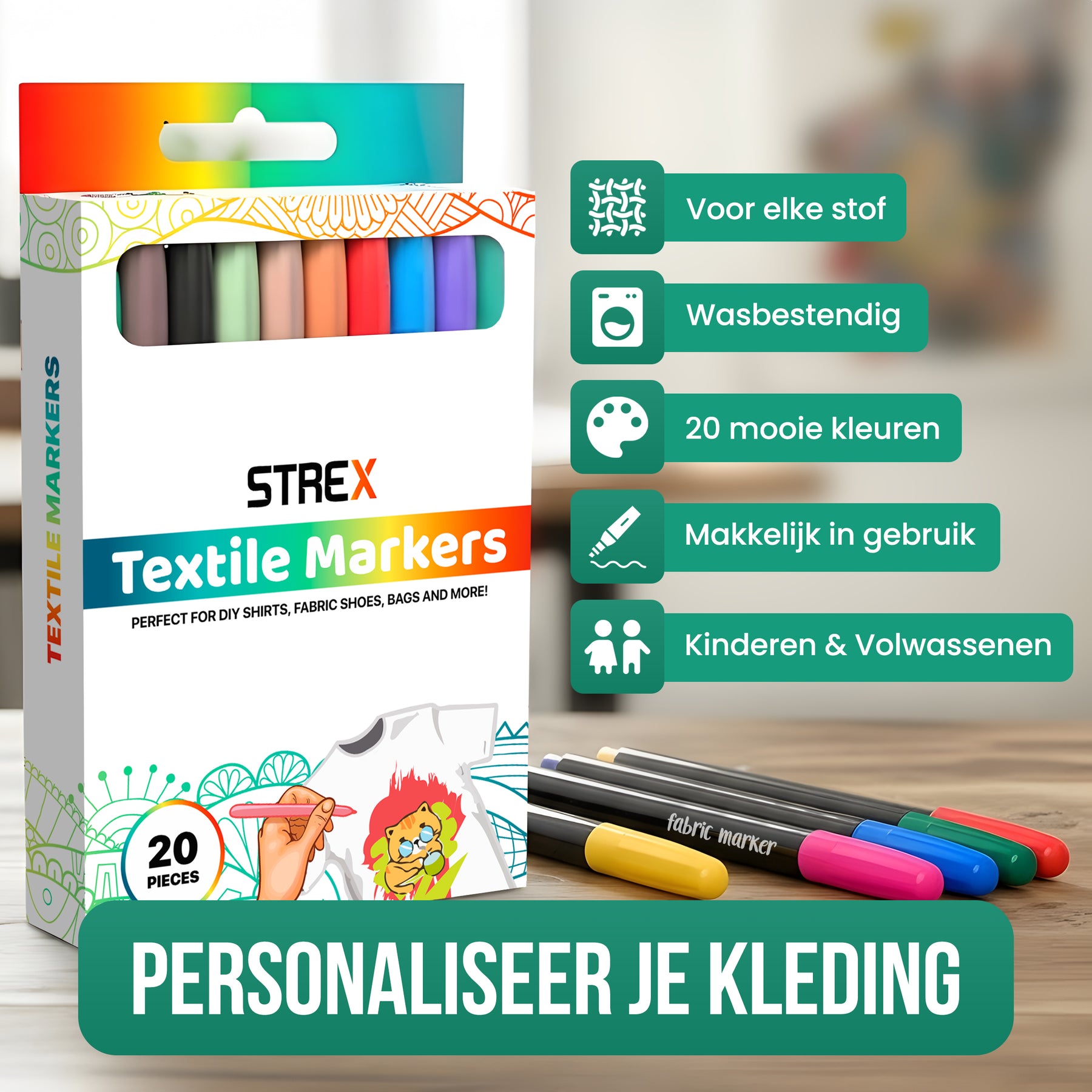 Strex Textielstiften - 20 stuks - Kleding stiften - Textielmarkers - Textiel Stiften