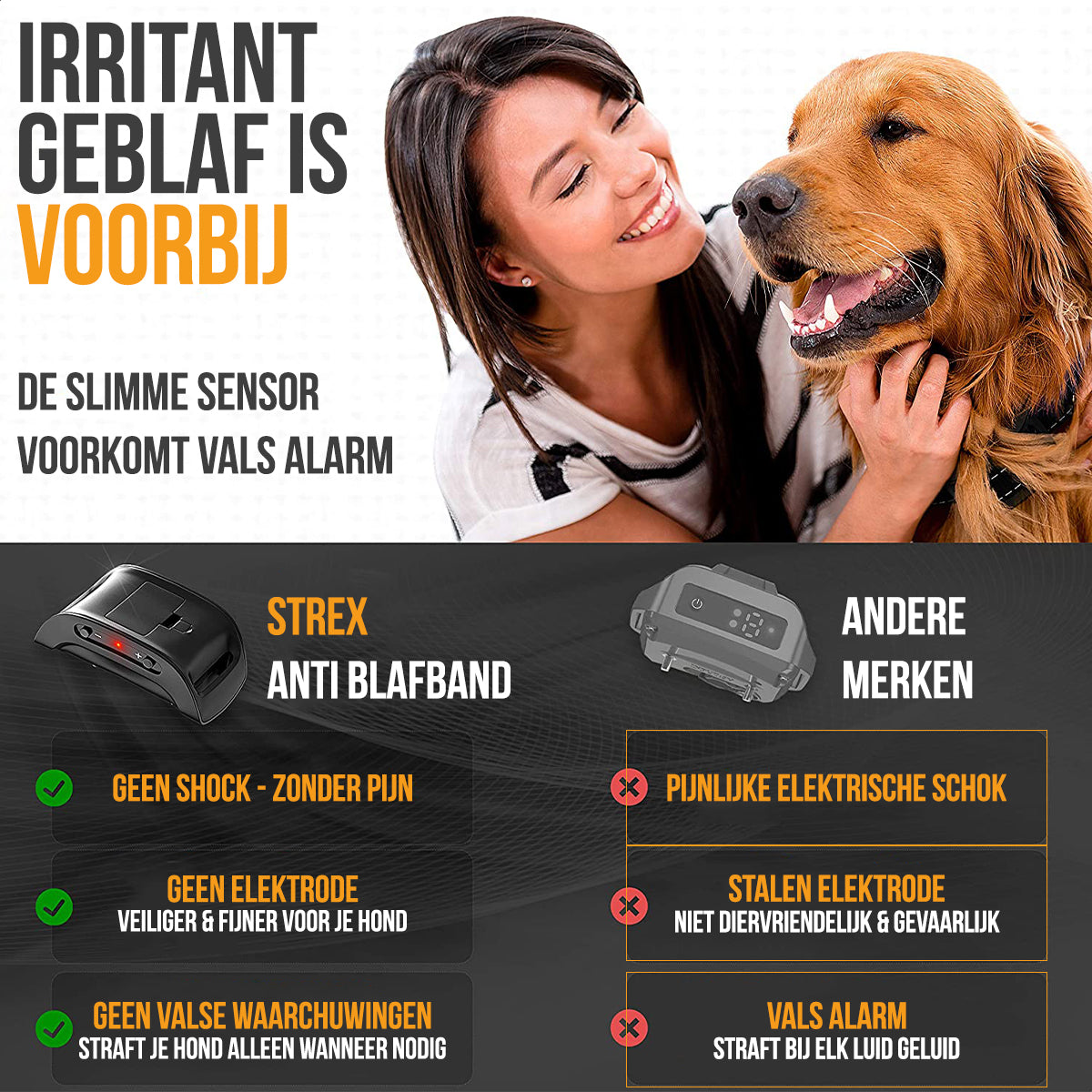 Strex Anti Blafband voor Honden - 3-60KG - Zonder Schok - Vibratie en Audio - Anti Blaf Band