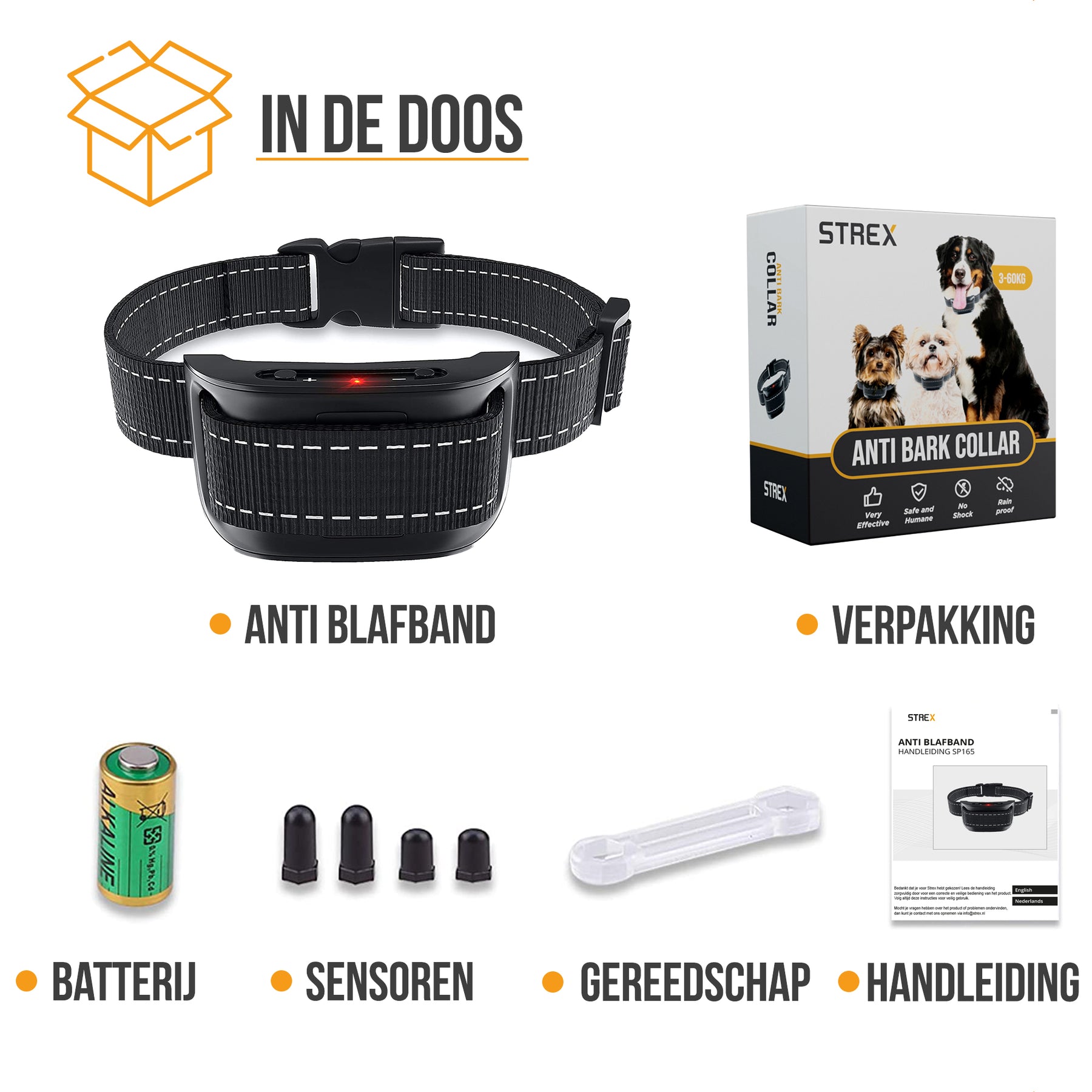 Strex Anti Blafband voor Honden - 3-60KG - Zonder Schok - Vibratie en Audio - Anti Blaf Band