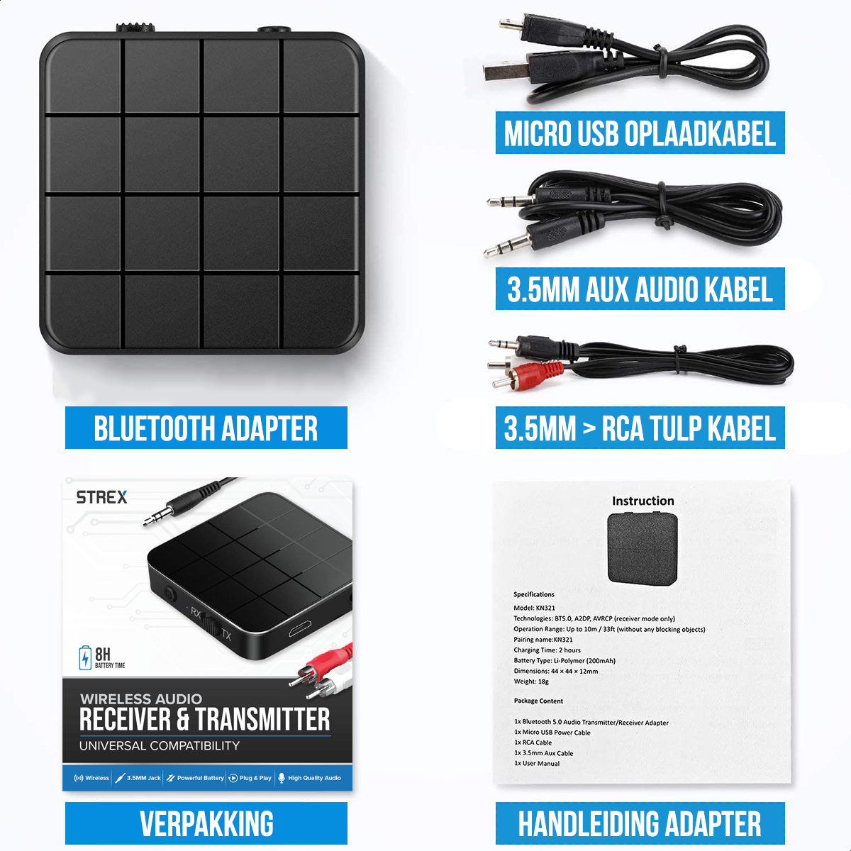Strex Bluetooth Transmitter & Receiver 2 in 1 - BT 5.0 - 3.5MM AUX / RCA - Bluetooth Zender - Bluetooth Ontvanger - Bluetooth Transmitter - Bluetooth Receiver