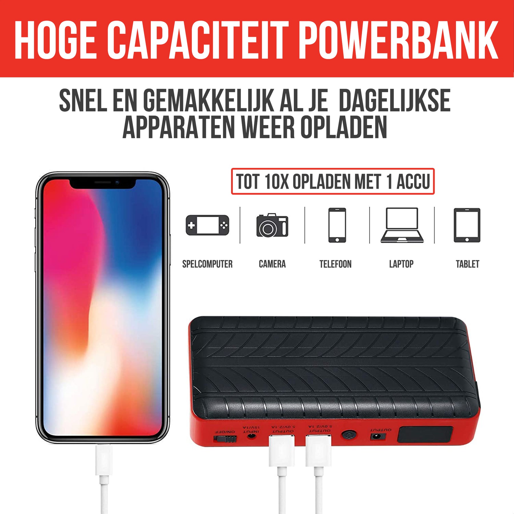Strex 12V Jumpstarter voor Auto - 1000A / 18.000 mAh - 4-in-1 Starthulp met Powerbank, LED Zaklamp en SOS Noodlicht - In Opbergkoffer