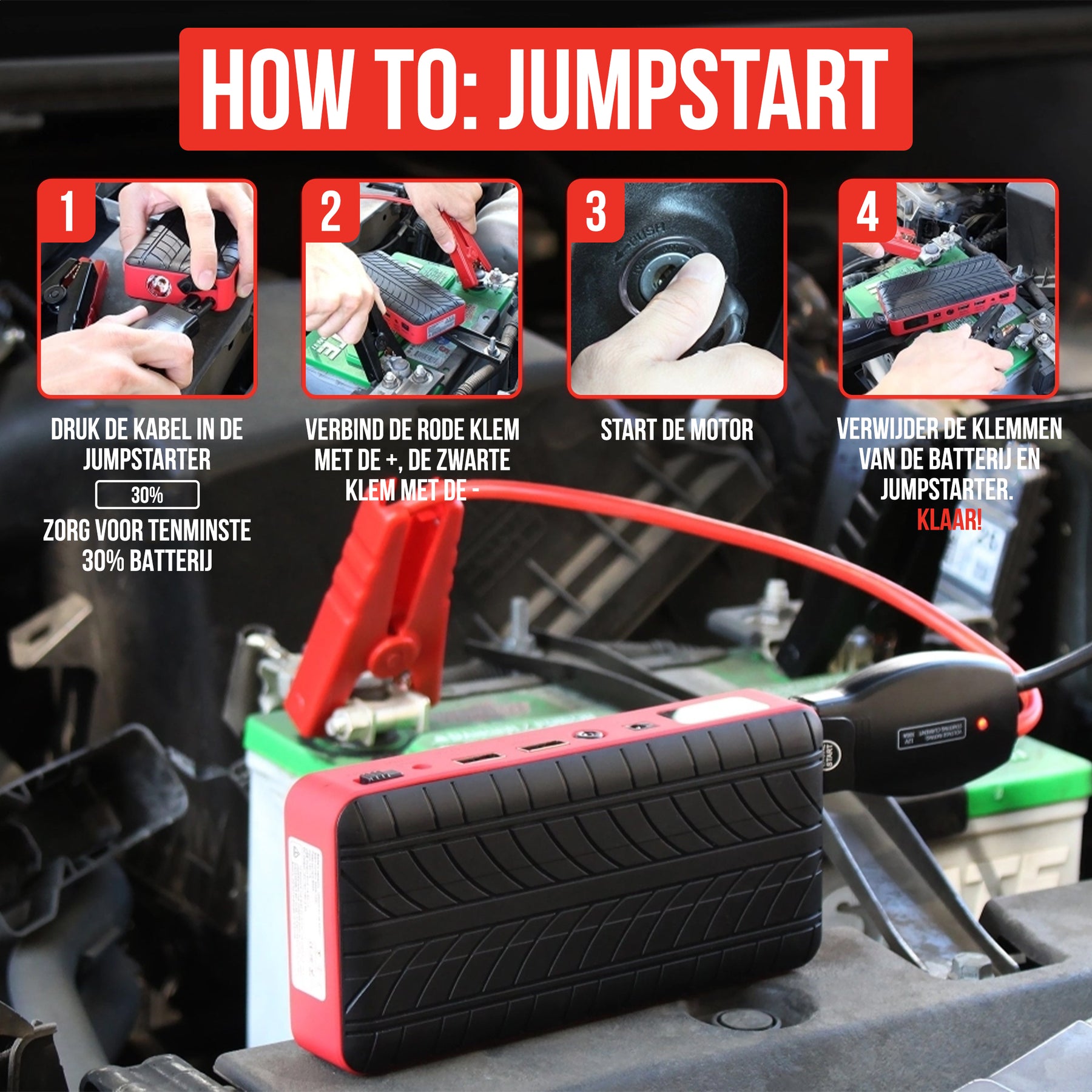 Strex 12V Jumpstarter voor Auto - 1000A / 18.000 mAh - 4-in-1 Starthulp met Powerbank, LED Zaklamp en SOS Noodlicht - In Opbergkoffer