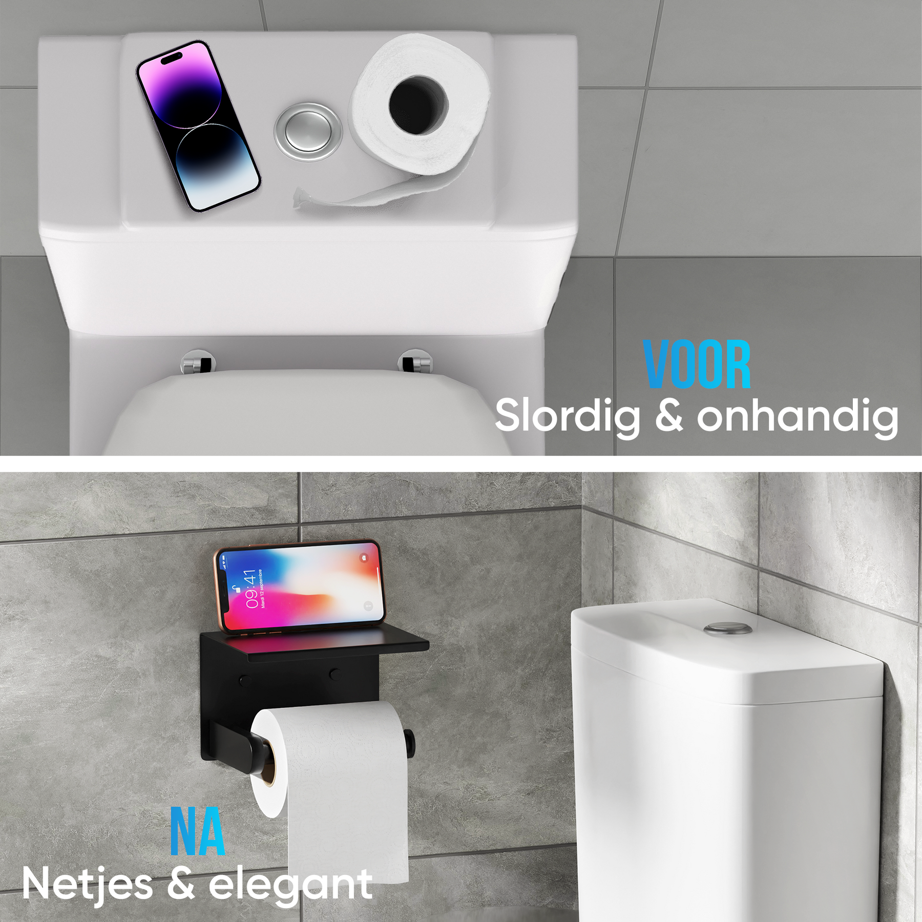 Strex WC Rolhouder met Plankje - Zwart - Zelfklevend / Boren / Zonder Boren - Toiletrolhouder - WC Papier Houder