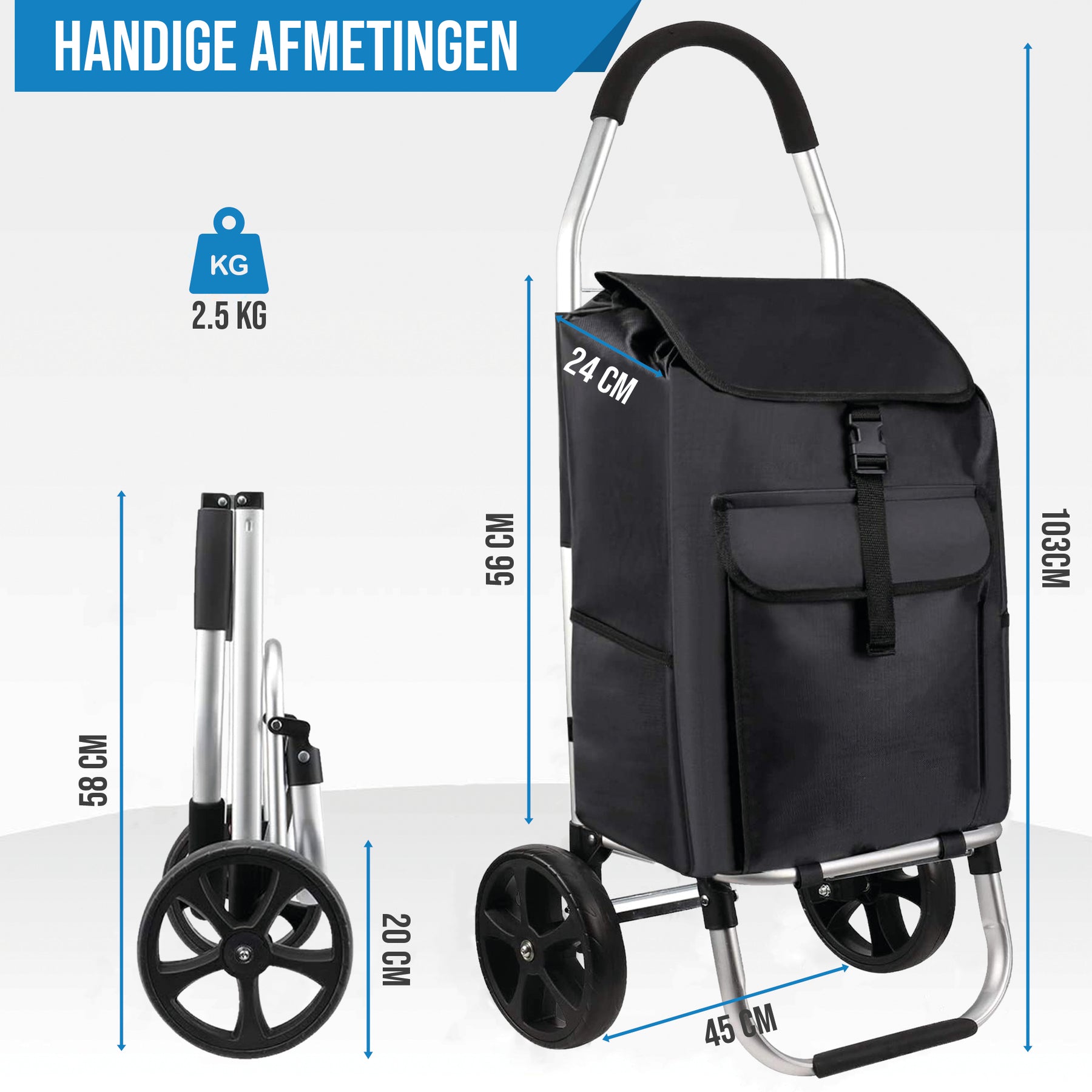 Strex Boodschappentrolley met Wielen - Opvouwbaar - Afneembare Boodschappentas - Boodschappenwagen