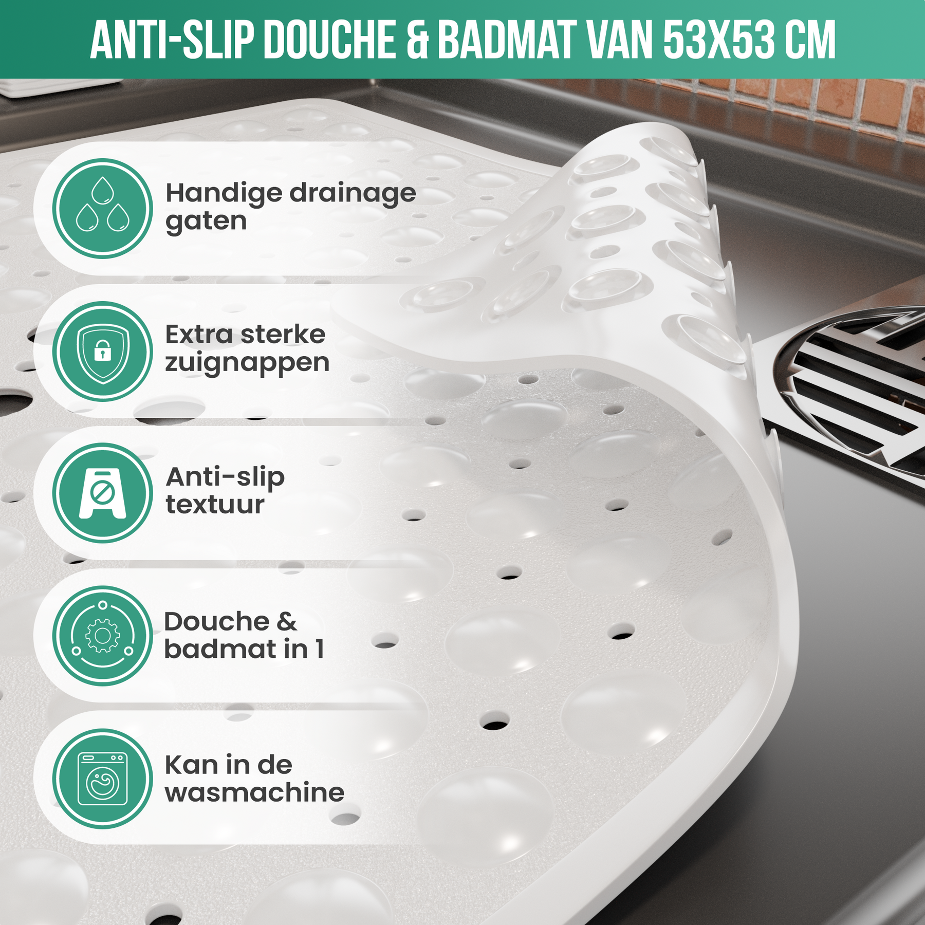Strex Badmat / Antislipmat Douche - 53x53CM - Met Zuignappen - Douchemat Antislip voor Douche - Badkamermat