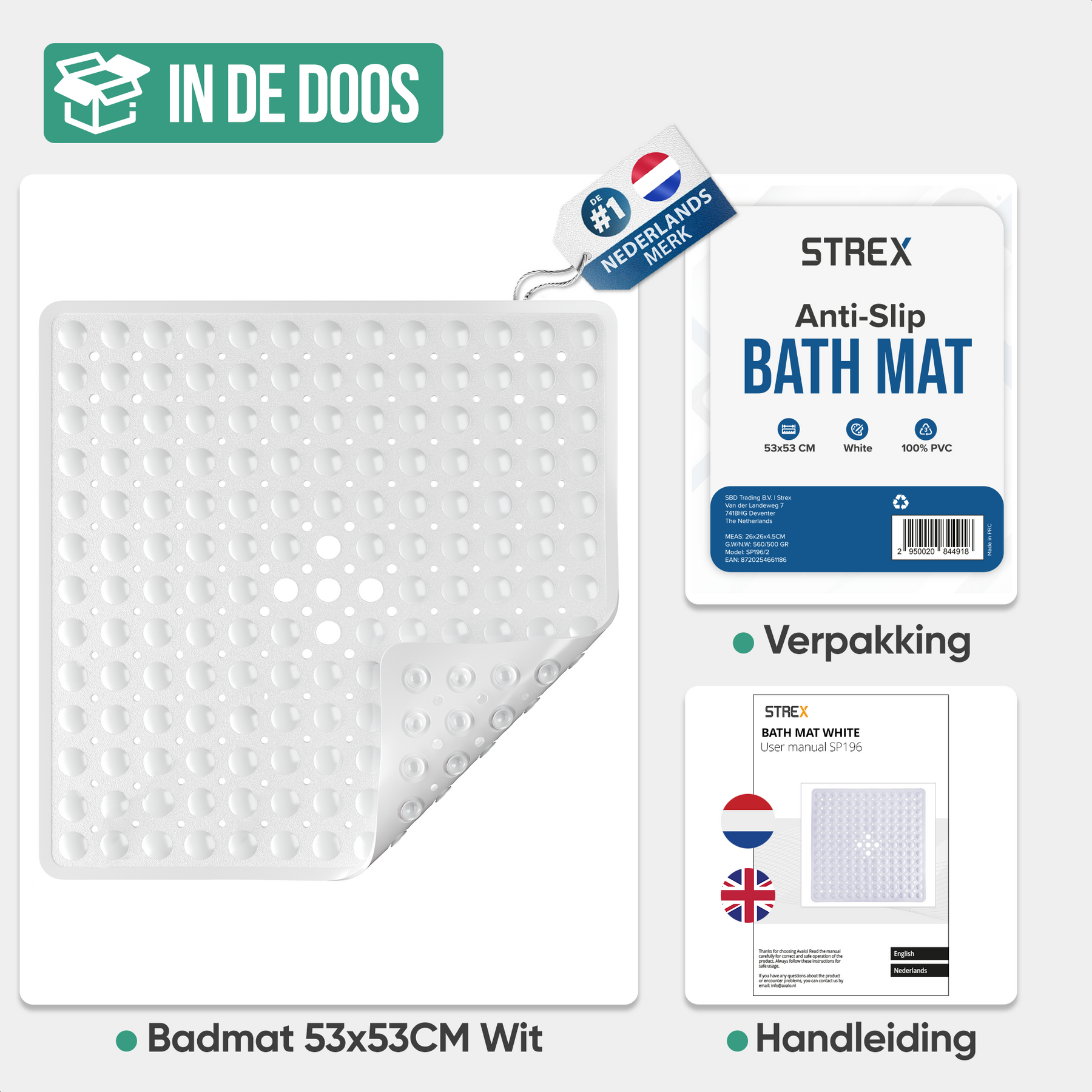 Strex Badmat / Antislipmat Douche - 53x53CM - Met Zuignappen - Douchemat Antislip voor Douche - Badkamermat