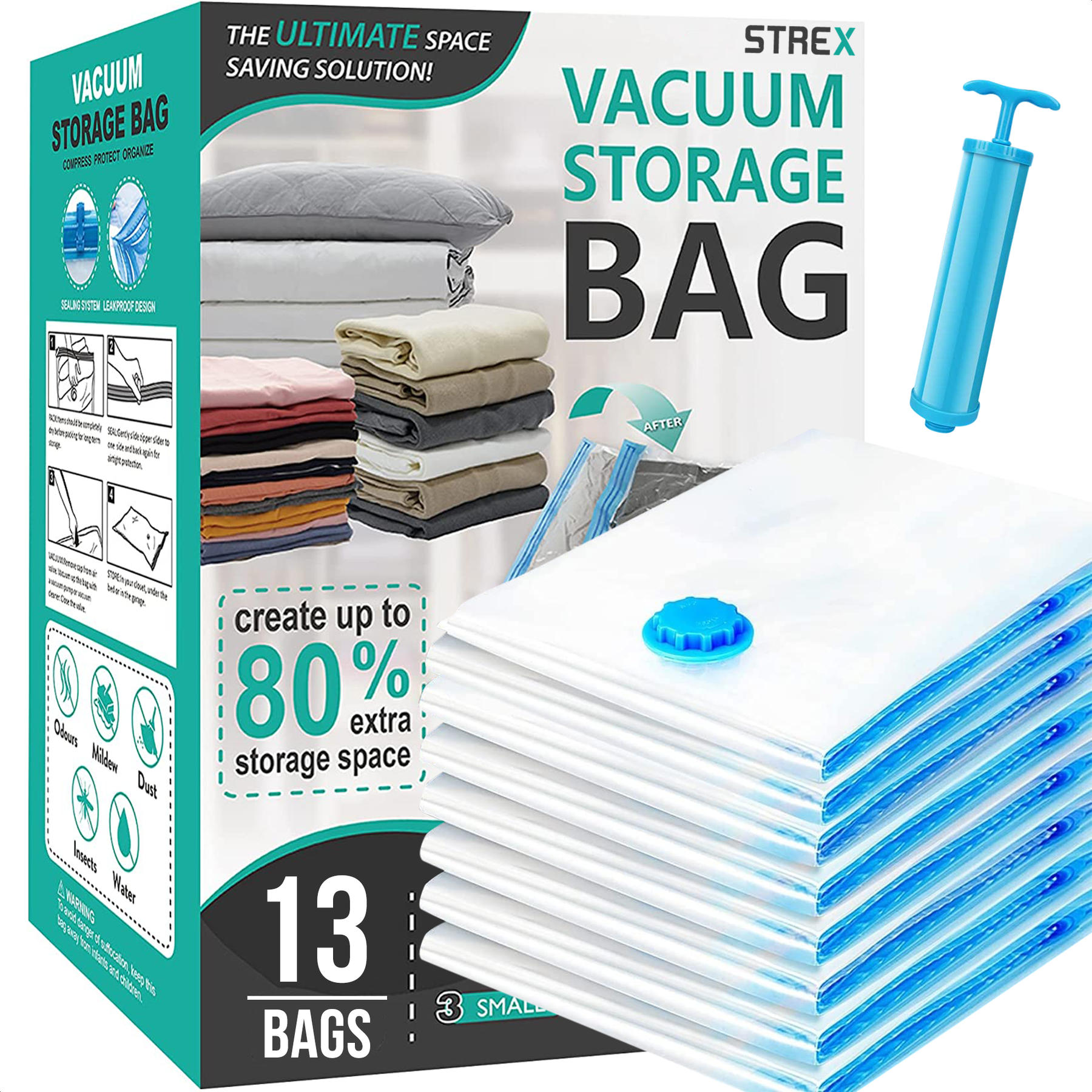 Strex Vacuumzakken Dekbedden & Kleding - 14 Stuks / 4 Maten - Reiszakken / Vacumeerzakken - Incl. Handpomp