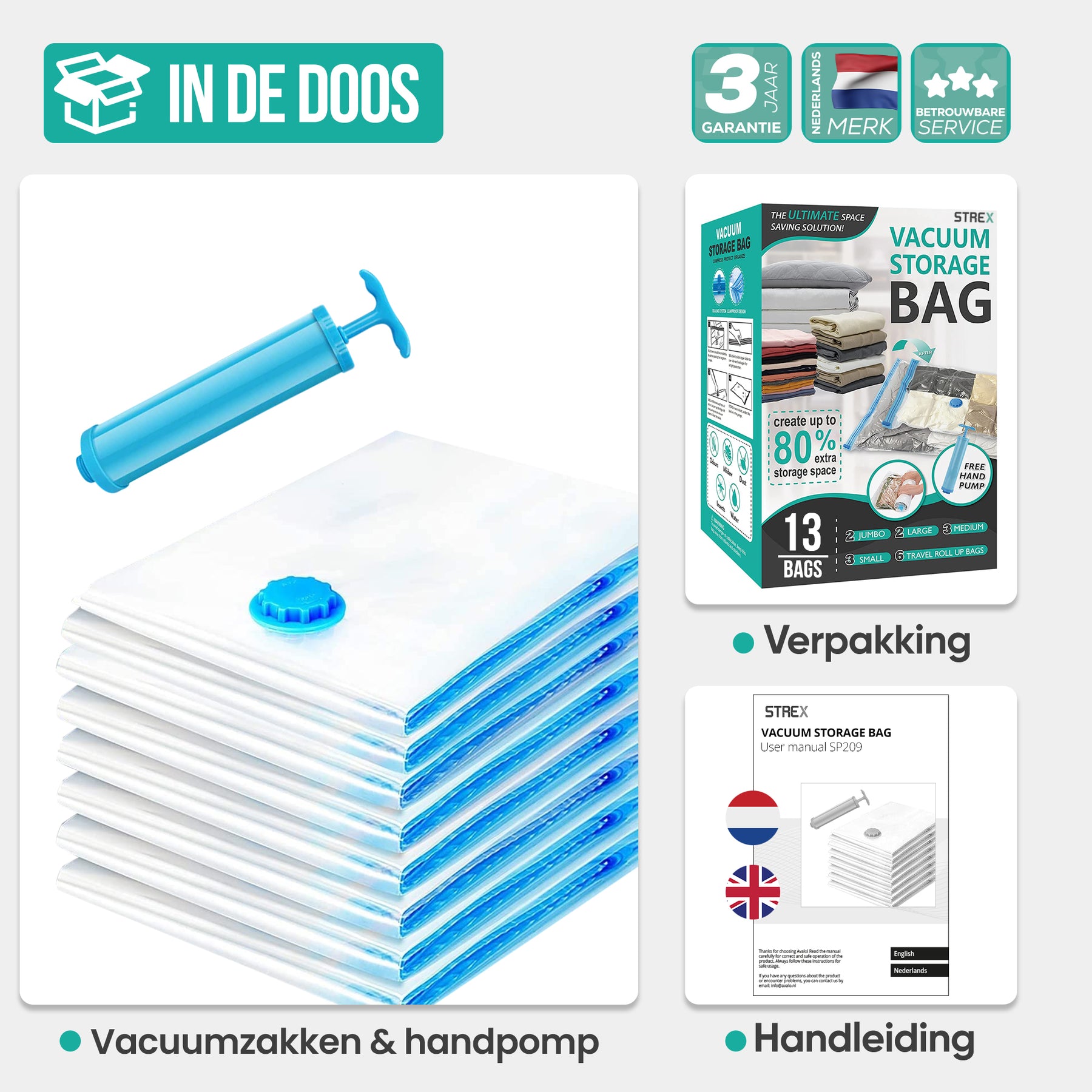 Strex Vacuumzakken Dekbedden & Kleding - 14 Stuks / 4 Maten - Reiszakken / Vacumeerzakken - Incl. Handpomp