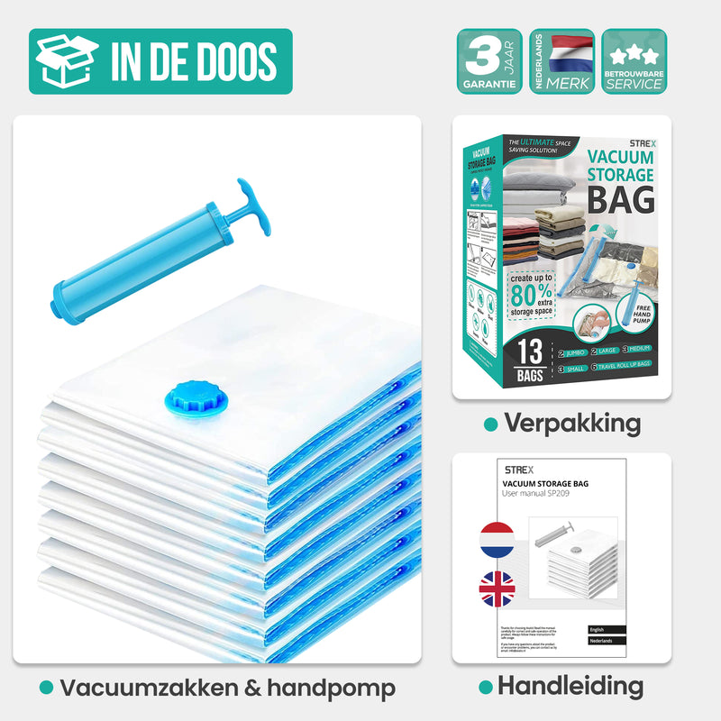 Strex Vacuumzakken Dekbedden & Kleding - 14 Stuks / 4 Maten - Reiszakken / Vacumeerzakken - Incl. Handpomp