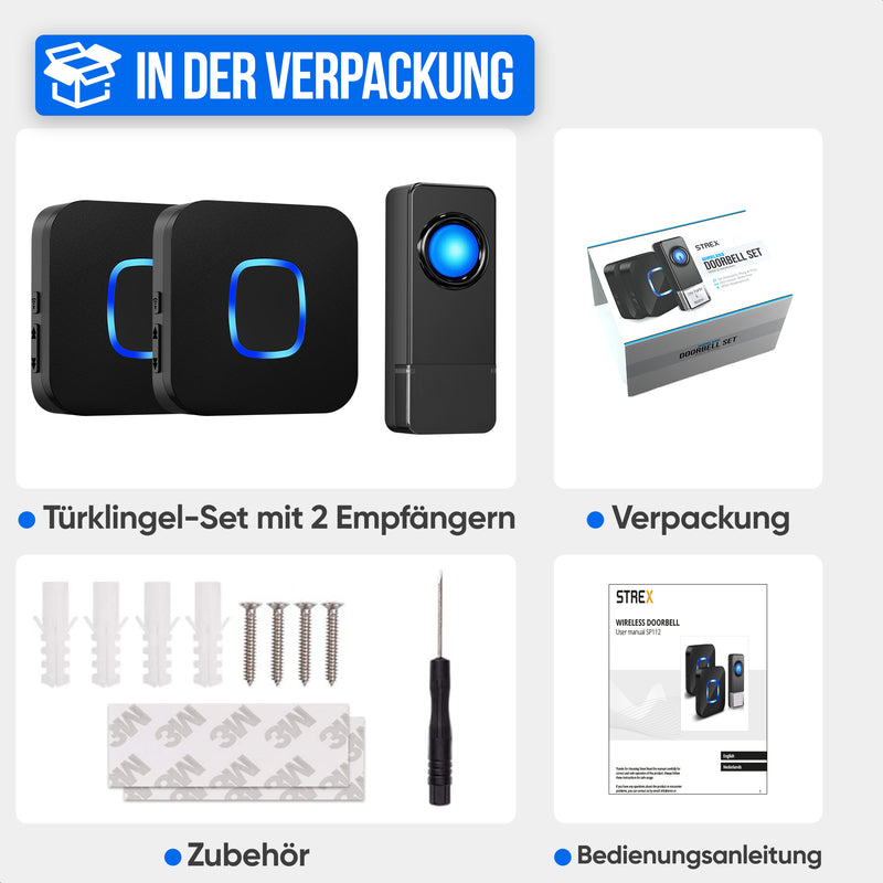 Strex Draadloze Deurbel met 2 Ontvangers Op Batterij - Plug & Play - 300 Meter - 4 Volume / 58 Melodieën - IP55 Waterdicht