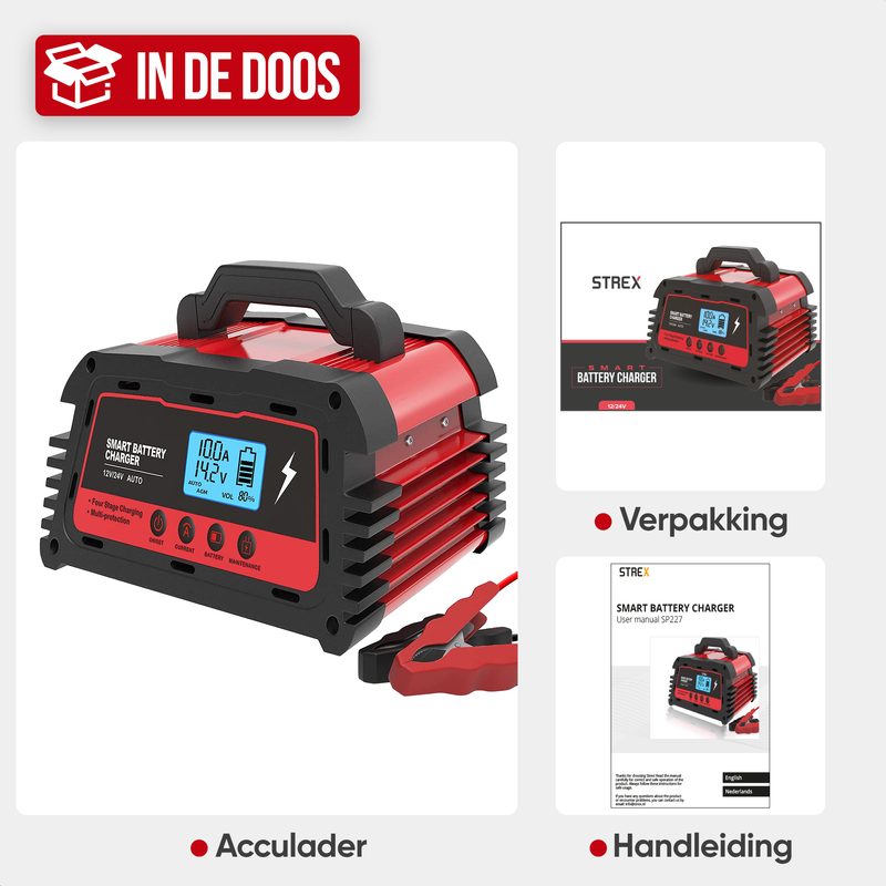 Strex Industriele Acculader - 12/24V 5/10/25A - Reparatiemodus - Druppellader - Accu Lader voor Auto / Motor / Scooter / Boot / Camper