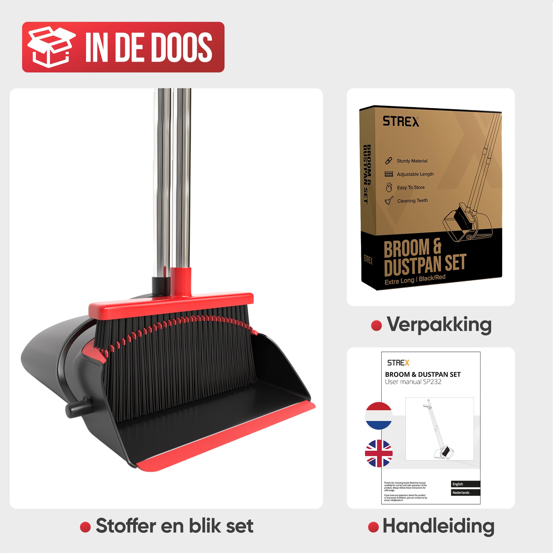 Strex Stoffer en Blik met Lange Steel - Verstelbaar 87-127cm - Ingebouwde Schoonmaaktanden