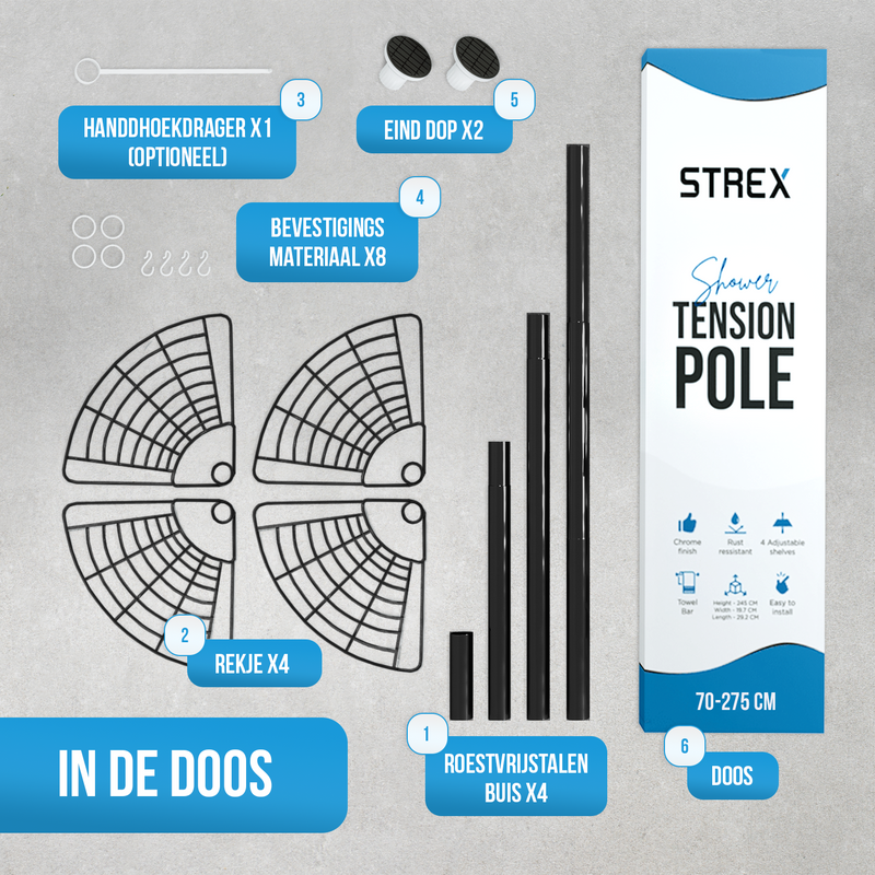 Strex Telescopisch Doucherek Zwart - Verstelbaar 70-275 cm - 4 Mandjes - Robuuste Kwaliteit - Bevestigen zonder Boren of Schroeven - Telescopisch Douche Rek Hoek