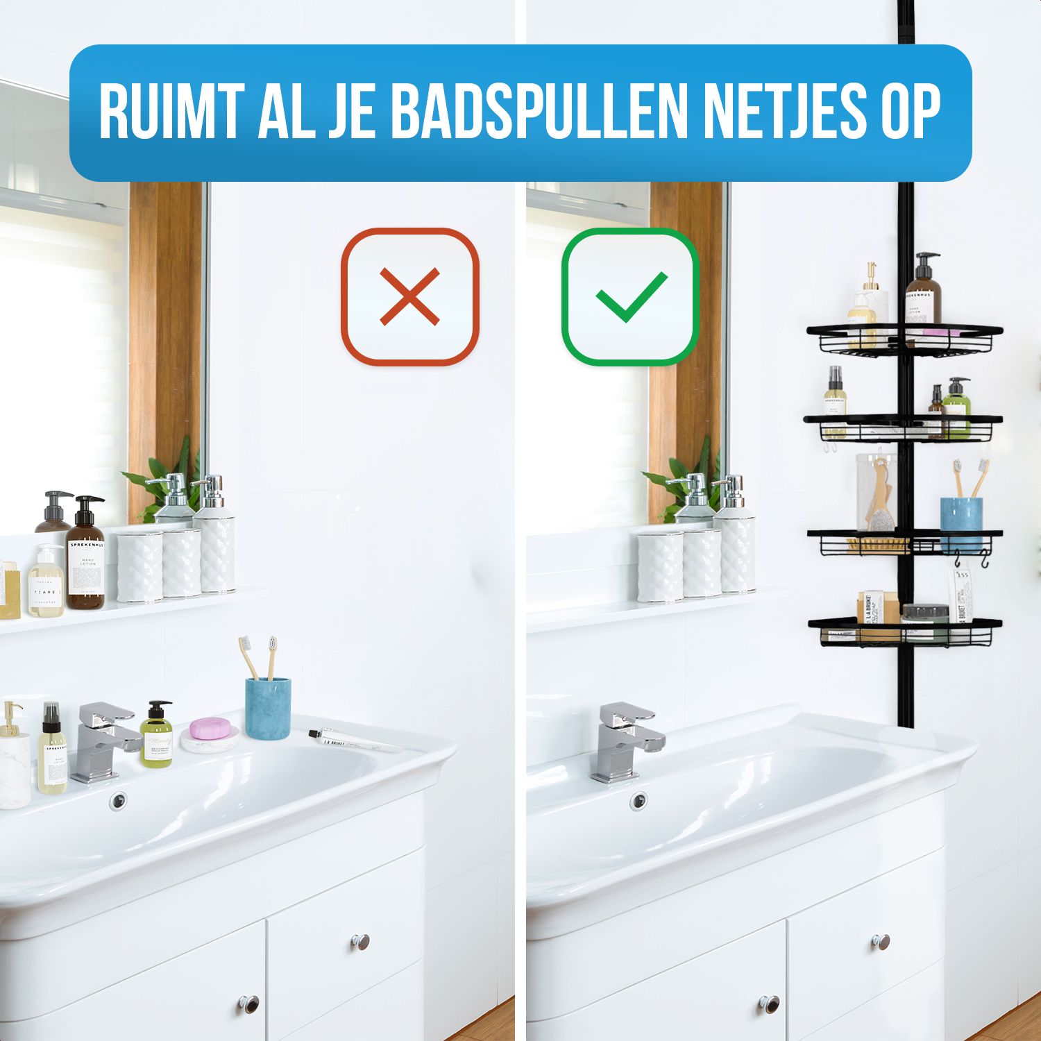 Strex Telescopisch Doucherek Zwart - Verstelbaar 70-275 cm - 4 Mandjes - Robuuste Kwaliteit - Bevestigen zonder Boren of Schroeven - Telescopisch Douche Rek Hoek