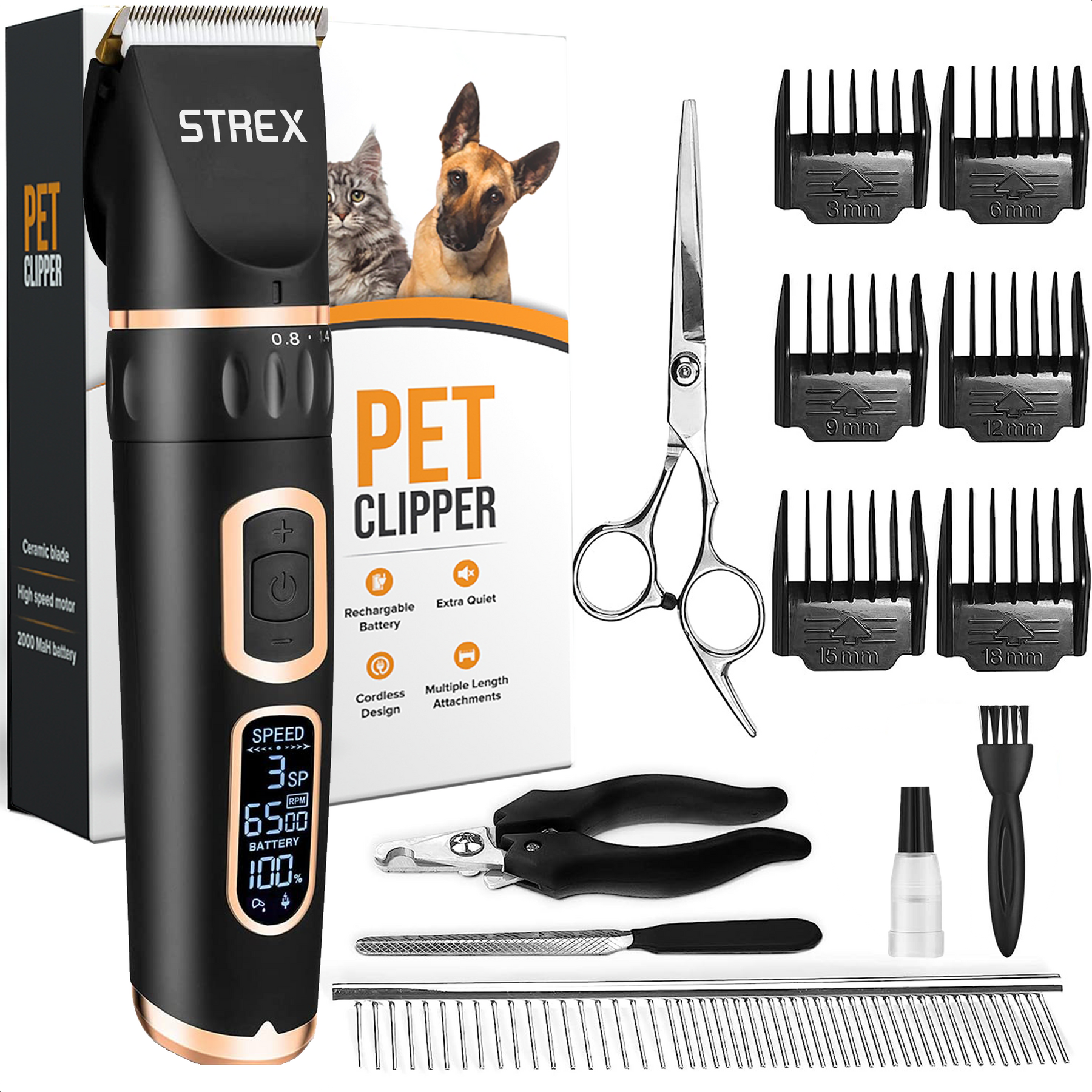 Strex Hondentondeuse / Dieren Tondeuse Extra Stil - Draadloos - 5 Standen - Hondentrimmer Voor Alle Vachten - Ook Voor Katten