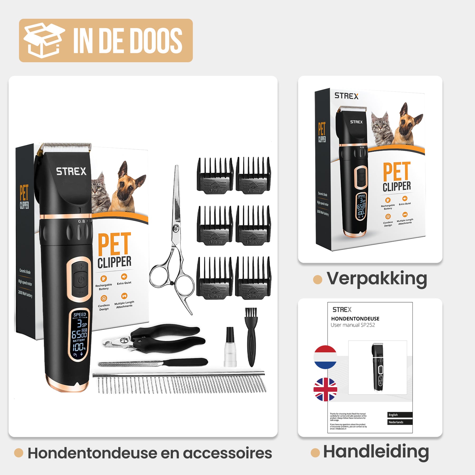 Strex Hondentondeuse / Dieren Tondeuse Extra Stil - Draadloos - 5 Standen - Hondentrimmer Voor Alle Vachten - Ook Voor Katten