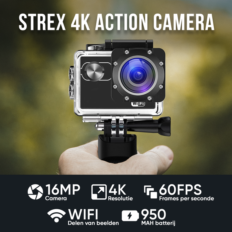 Strex Action Camera 4K 16MP - 60FPS / 30M Waterdicht / WiFi - Inclusief Accessoires - Actiecamera - Onderwatercamera