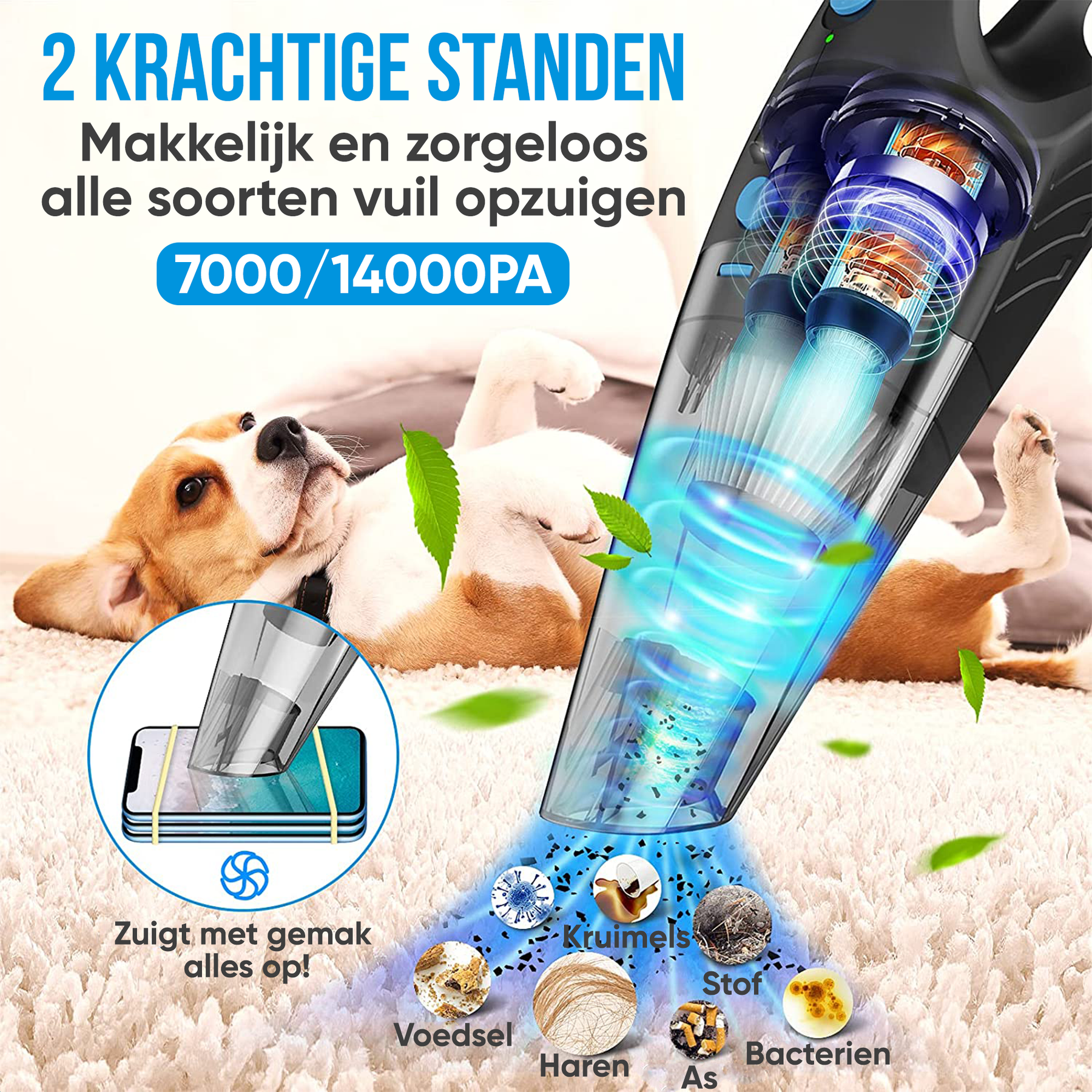 Strex Kruimeldief - Snoerloos - Kruimelzuiger Nat & Droog - 3 Opzetstukken - 14000PA - HEPA Filter - LED Verlichting - Extra Krachtig - Handstofzuiger
