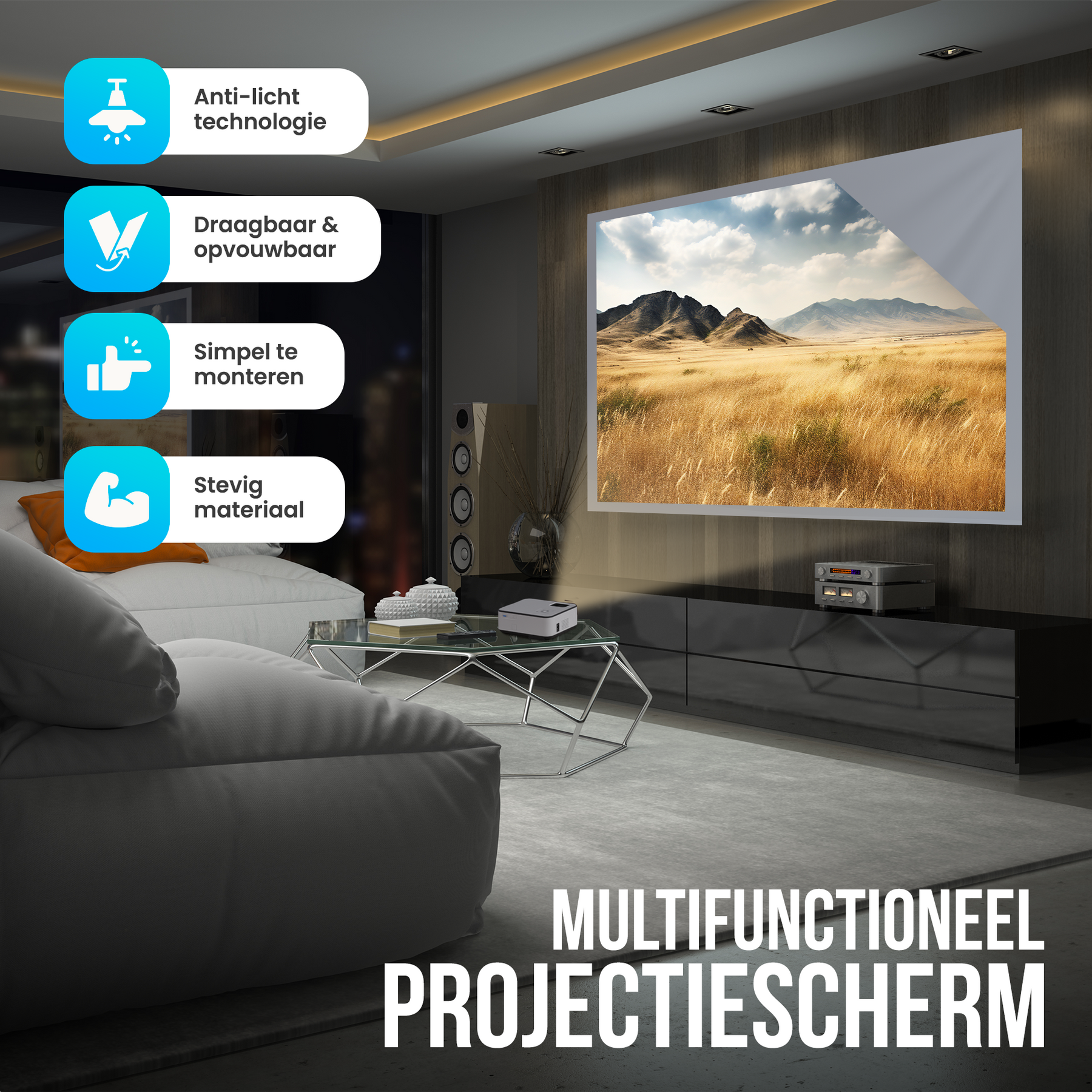 Strex Projectiescherm - Beamerscherm - 100 Inch - 16:9 - Projectiedoek - 160° Kijkhoek - Inclusief Bevestigingsmateriaal - 220x120 CM