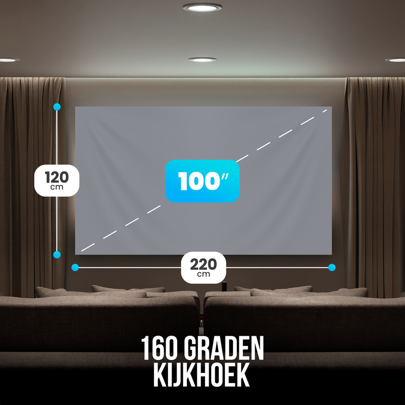 Strex Projectiescherm - Beamerscherm - 100 Inch - 16:9 - Projectiedoek - 160° Kijkhoek - Inclusief Bevestigingsmateriaal - 220x120 CM