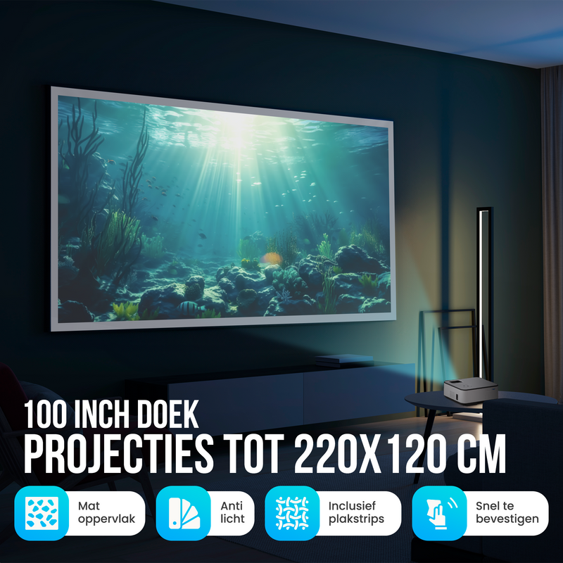 Strex Projectiescherm - Beamerscherm - 100 Inch - 16:9 - Projectiedoek - 160° Kijkhoek - Inclusief Bevestigingsmateriaal - 220x120 CM