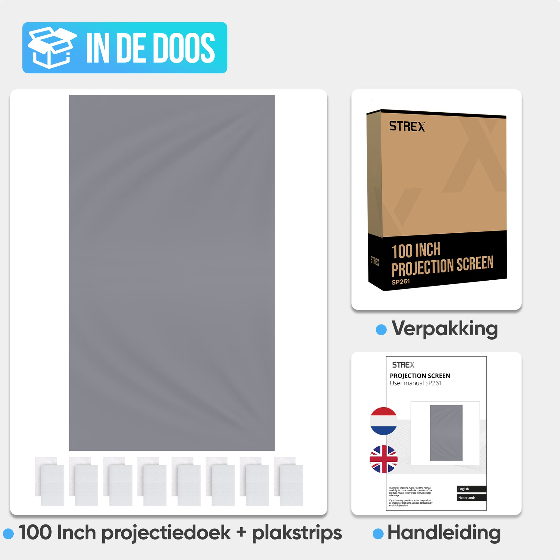 Strex Projectiescherm - Beamerscherm - 100 Inch - 16:9 - Projectiedoek - 160° Kijkhoek - Inclusief Bevestigingsmateriaal - 220x120 CM